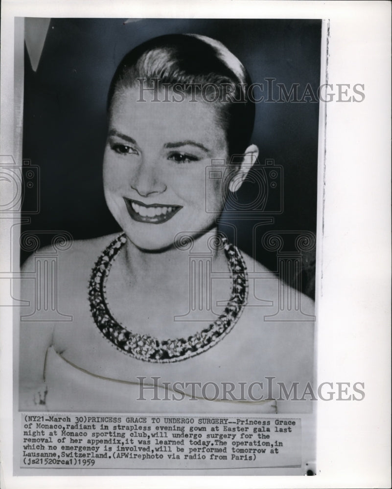 1959 Press Photo Princess Grace Radiant in Strapless Evening Gown at Easter Gala - Historic Images
