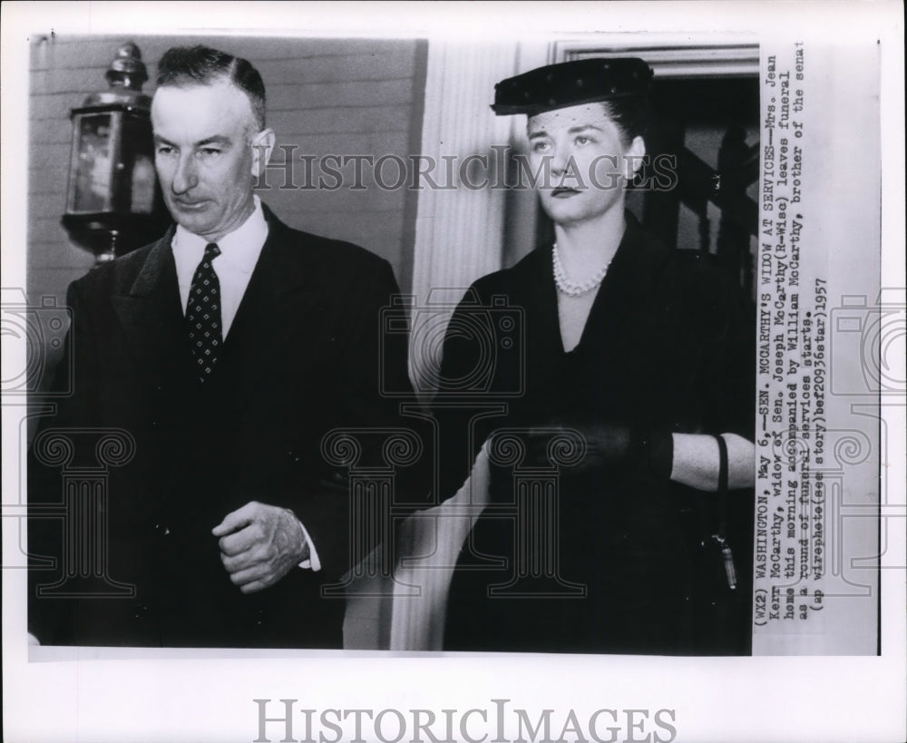 1957 Press Photo Mrs Jeean Kerr McCarthy leaves funeral with William McCarthy - Historic Images