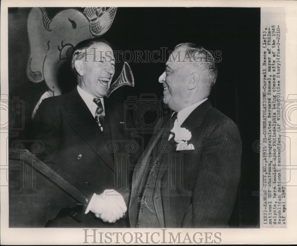 1947 Press Photo Carroll Reece congratulate Bernard Samuel Mayor of Philadelphia - Historic Images