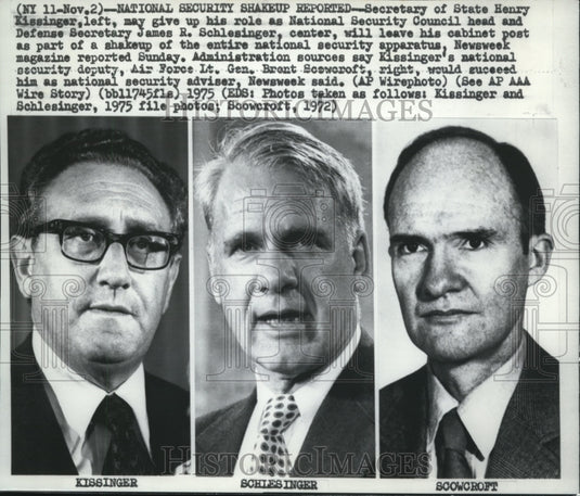 1975 Press Photo Henry Kissinger, James Schlesinger & Lt Gen Brent Scowcroft - Historic Images