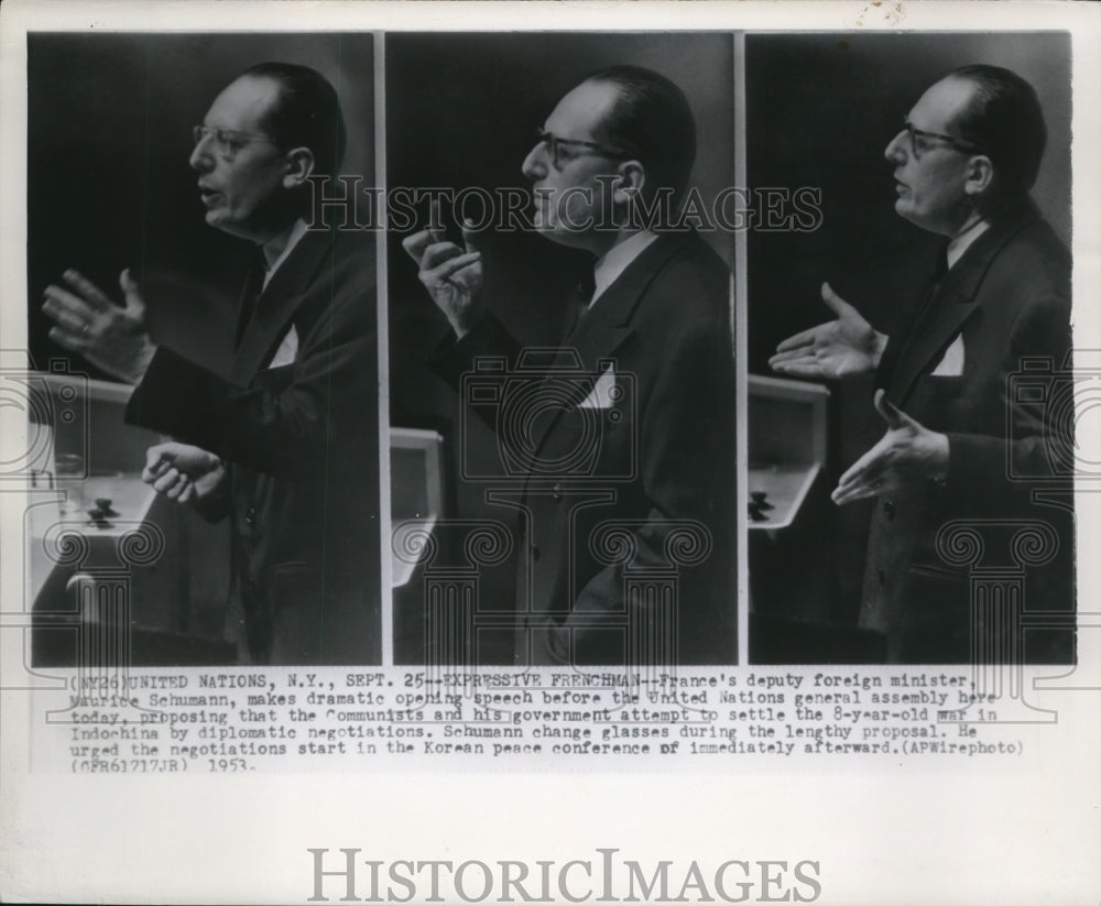 1953 Wire Photo France deputy minister Maurice Schumann on opening speech - Historic Images