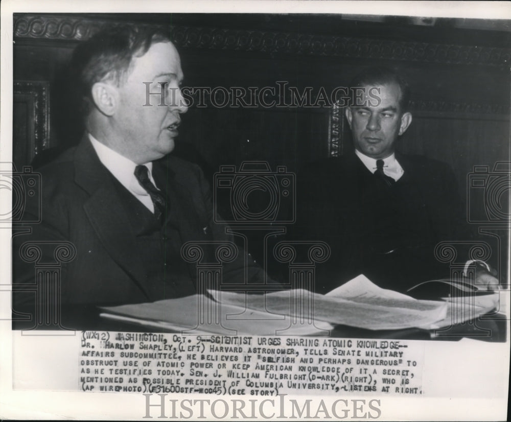 1945 Press Photo Scientist urges sharing atomic knowledge to Senate military - Historic Images