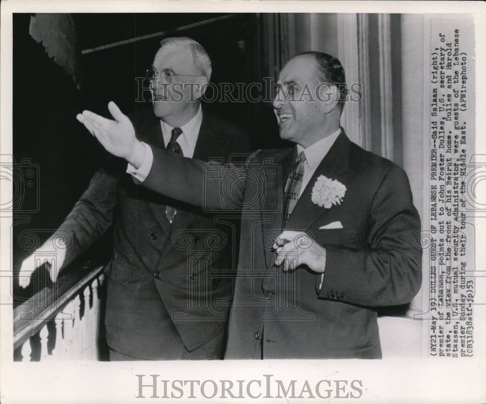 1953 Wire Photo Foster Dulles, guest of Said Salaam on his Beirut home - Historic Images