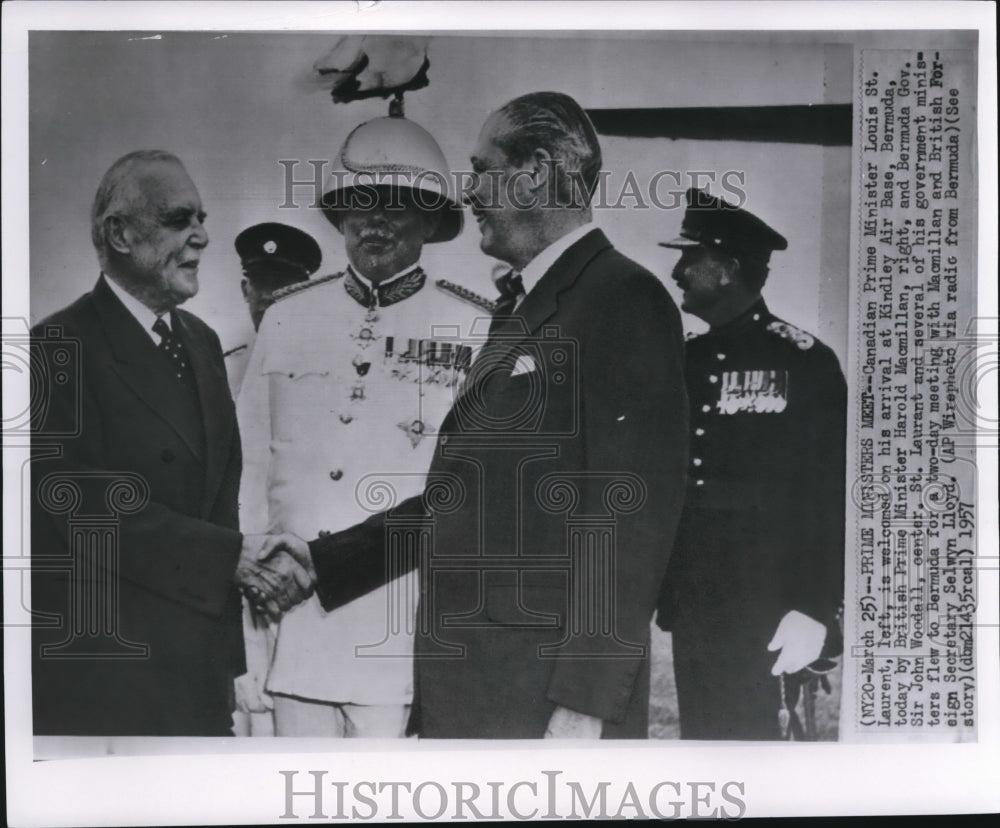 1957 Press Photo St. Laurent meets Macmillan &amp; Woodall at Kindley Air base - Historic Images