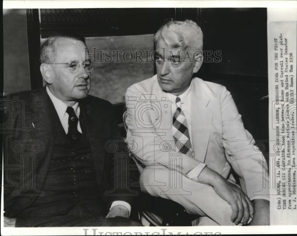 1936 Press Photo Gov. Landon crossing IOWa to discuss issues with Dickinson - Historic Images