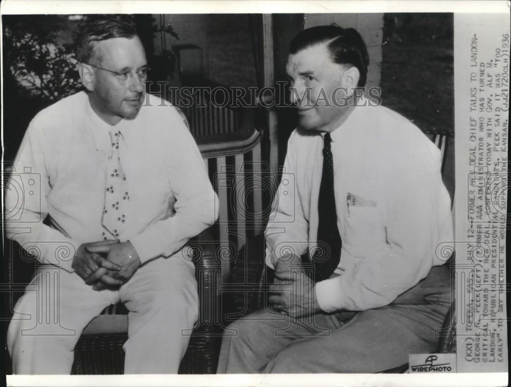 1936 Press Photo George Peek conferred to Gov. Landon about elections - Historic Images