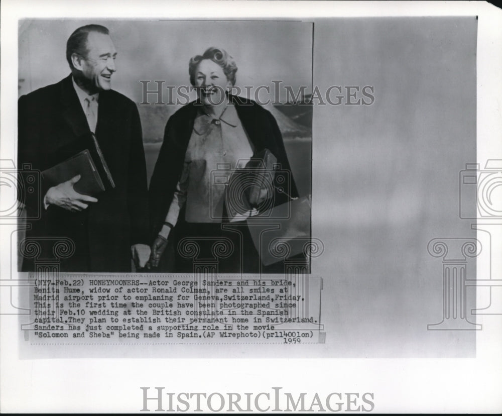 1959 Press Photo Actor Sanders & Hume on honeymoon in Geneva, Switzerland - Historic Images