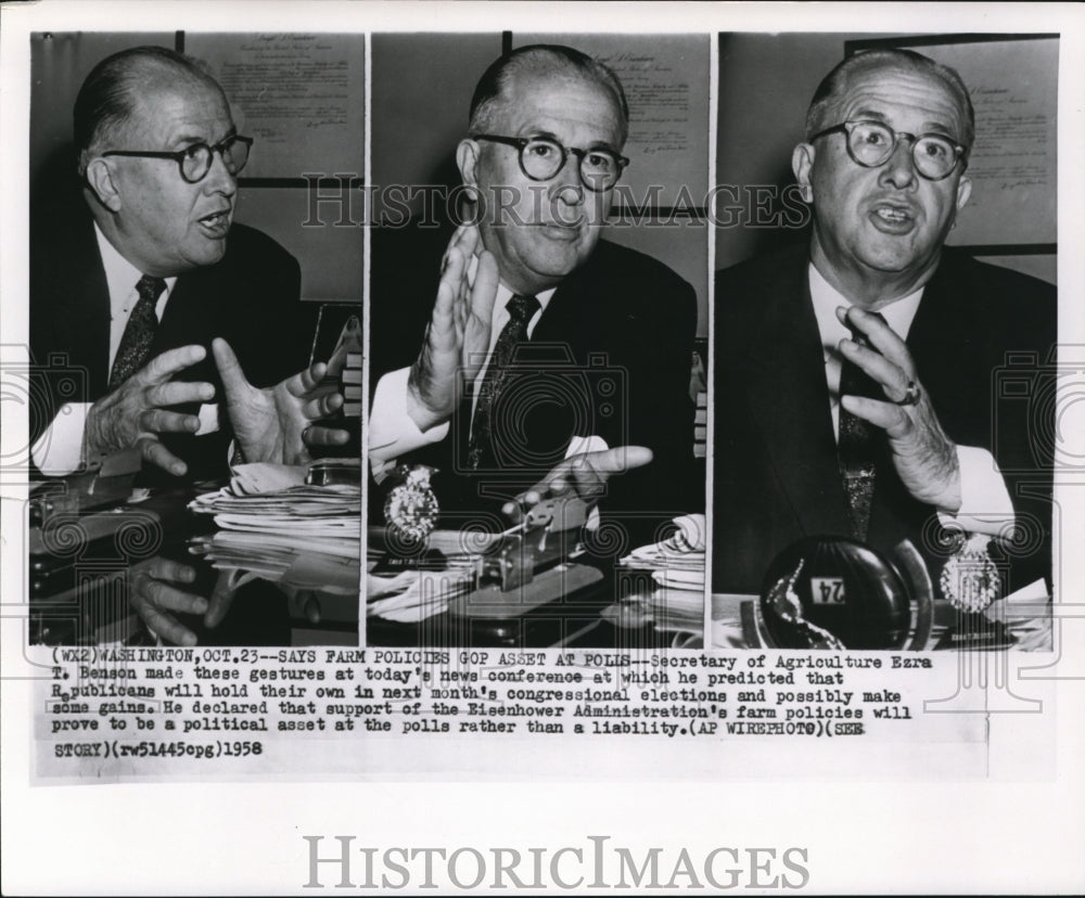 1958 Press Photo Secretary of Agriculture Ezra Benson at the news conference - Historic Images