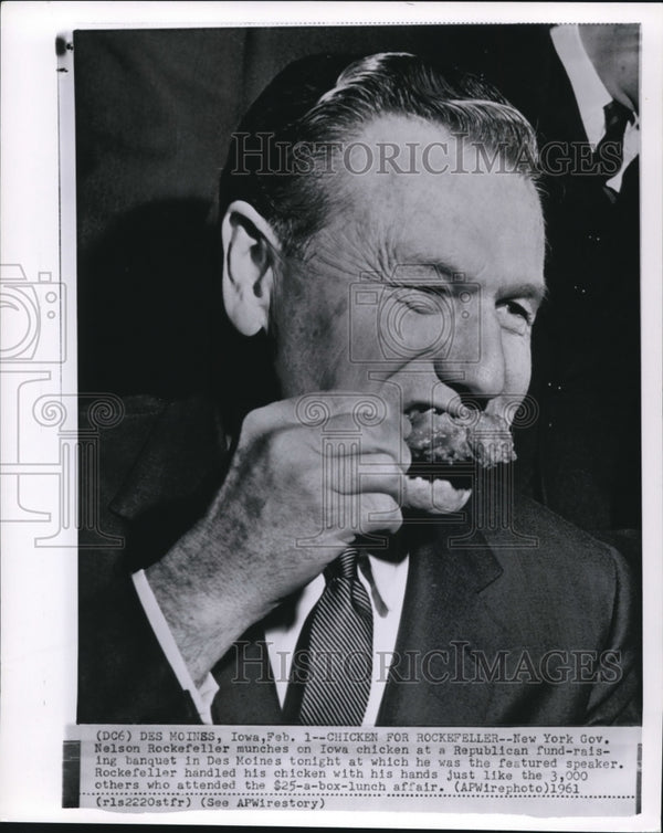 1962 Wire Photo Governor Nelson Rockefeller eats the Iowa chicken ...
