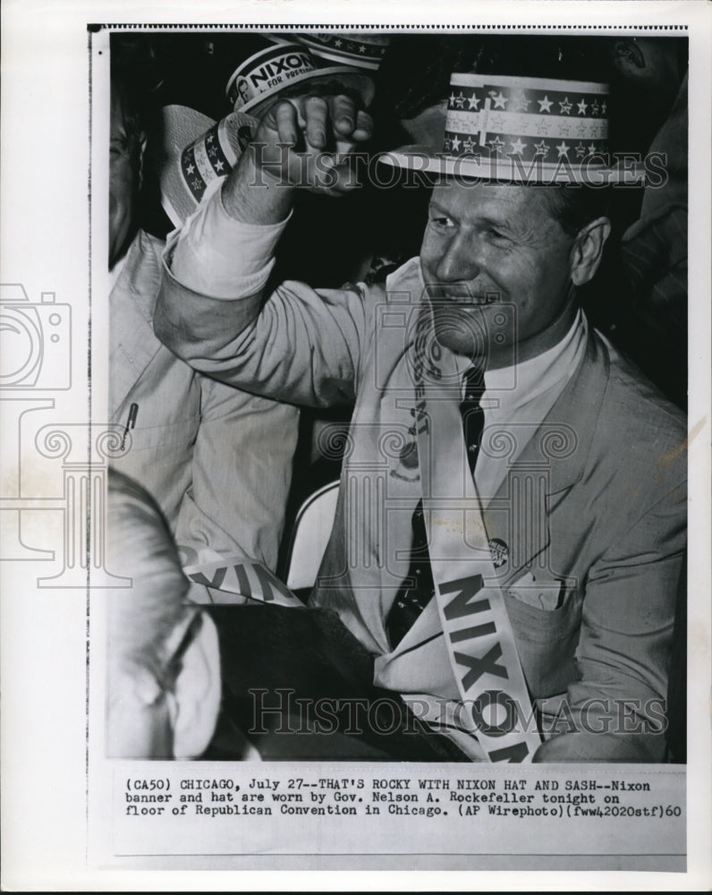 1960 Press Photo Gov. Nelson Rockefeller wears the Nixon hat and sash - Historic Images