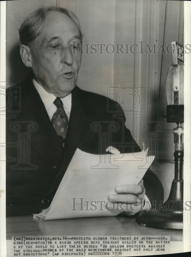 1938 Press Photo  Senator William H. King - Historic Images