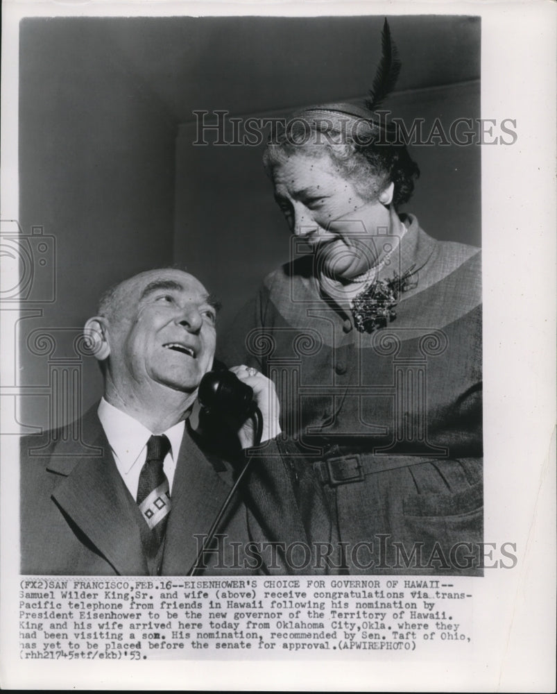 1953 Press Photo  Governor and Mrs. Samuel Wilder King Sr. - Historic Images