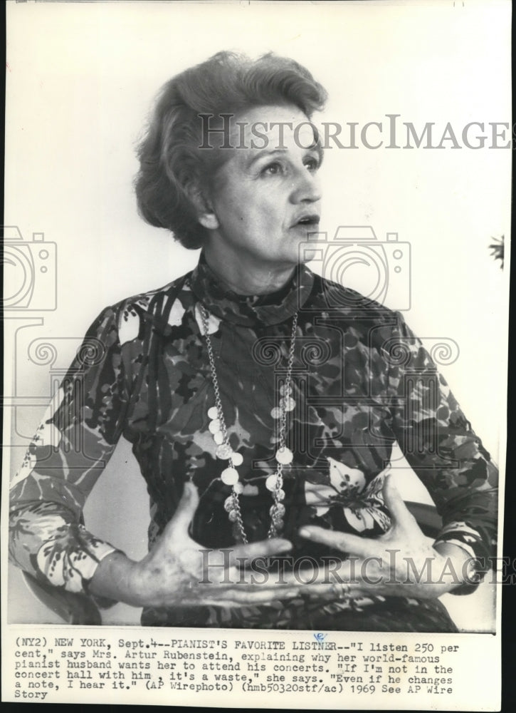 1969 Wire Photo Mrs. Arthur Rubenstein, wife of the world&#39;s famous pianist - Historic Images