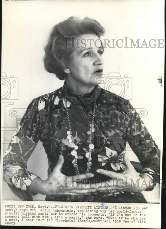 1969 Wire Photo Mrs. Arthur Rubenstein, wife of the world's famous pianist - Historic Images