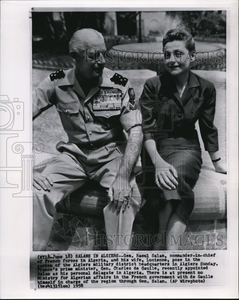 1958 Wire Photo Commander in Chief of French forces, Raoul Salan with his wife - Historic Images