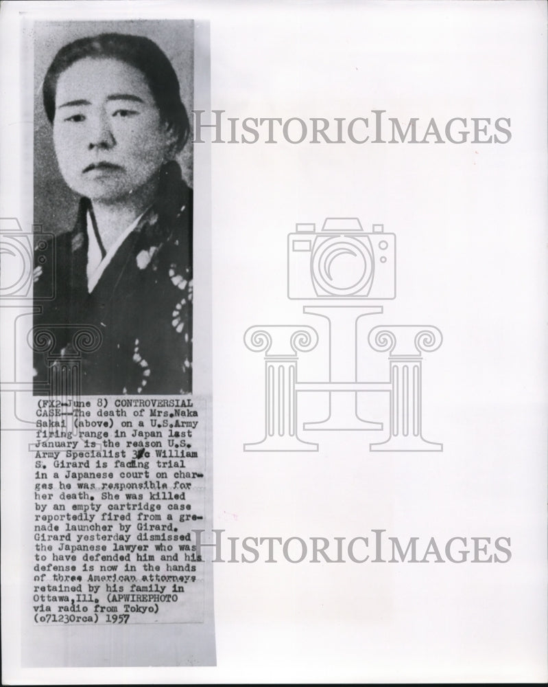 1957 Wire Photo Mrs. Naka Sakai, died near the U.S. Army firing range in Japan - Historic Images