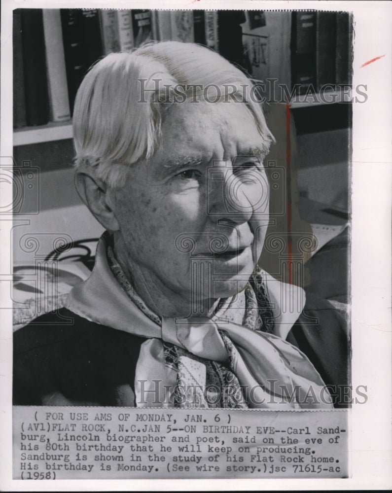 1958 Wire Photo Carl Sandburg, Lincoln biographer and poet - cvw06407 - Historic Images