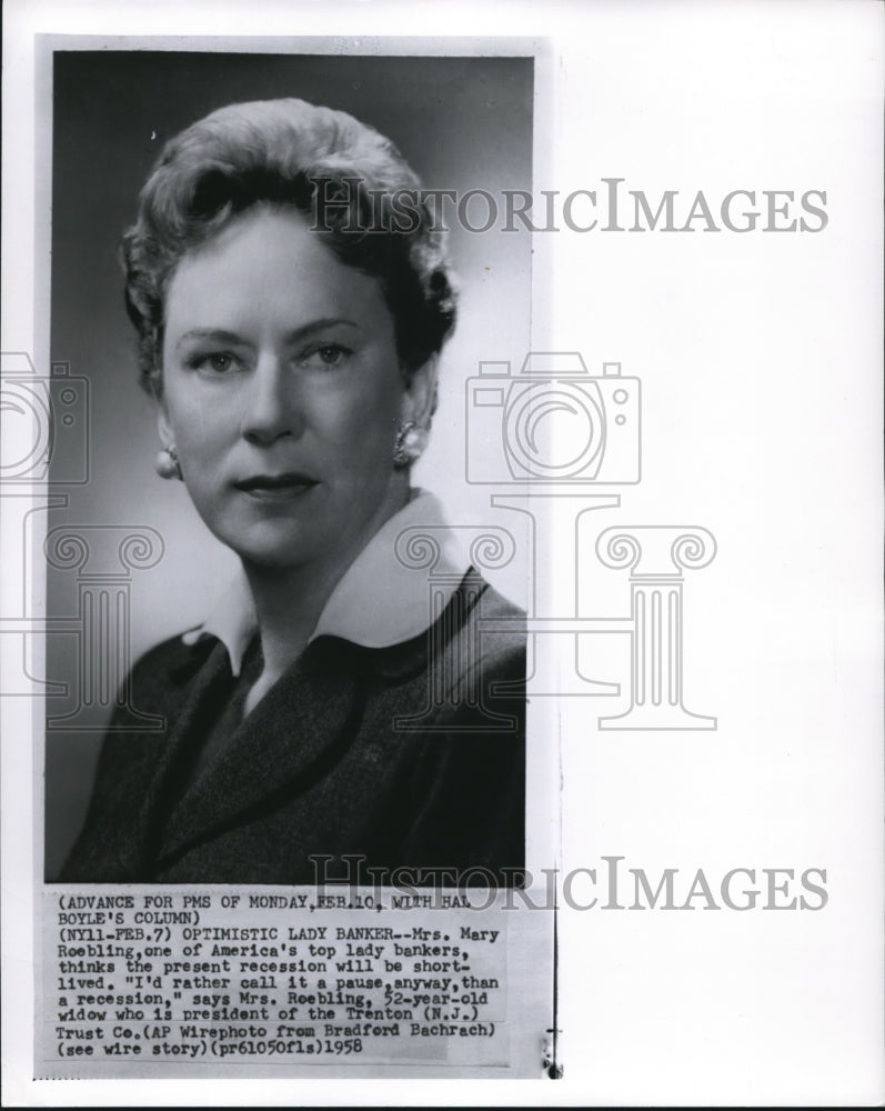 1958 Press Photo Mrs. Mary Roebling, one of America's top lady bankers ...