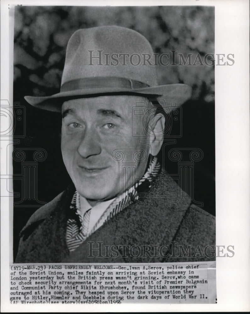 1956 Press Photo Gen. Ivan A. Serov, police chief of Soviet Union, smiles - Historic Images