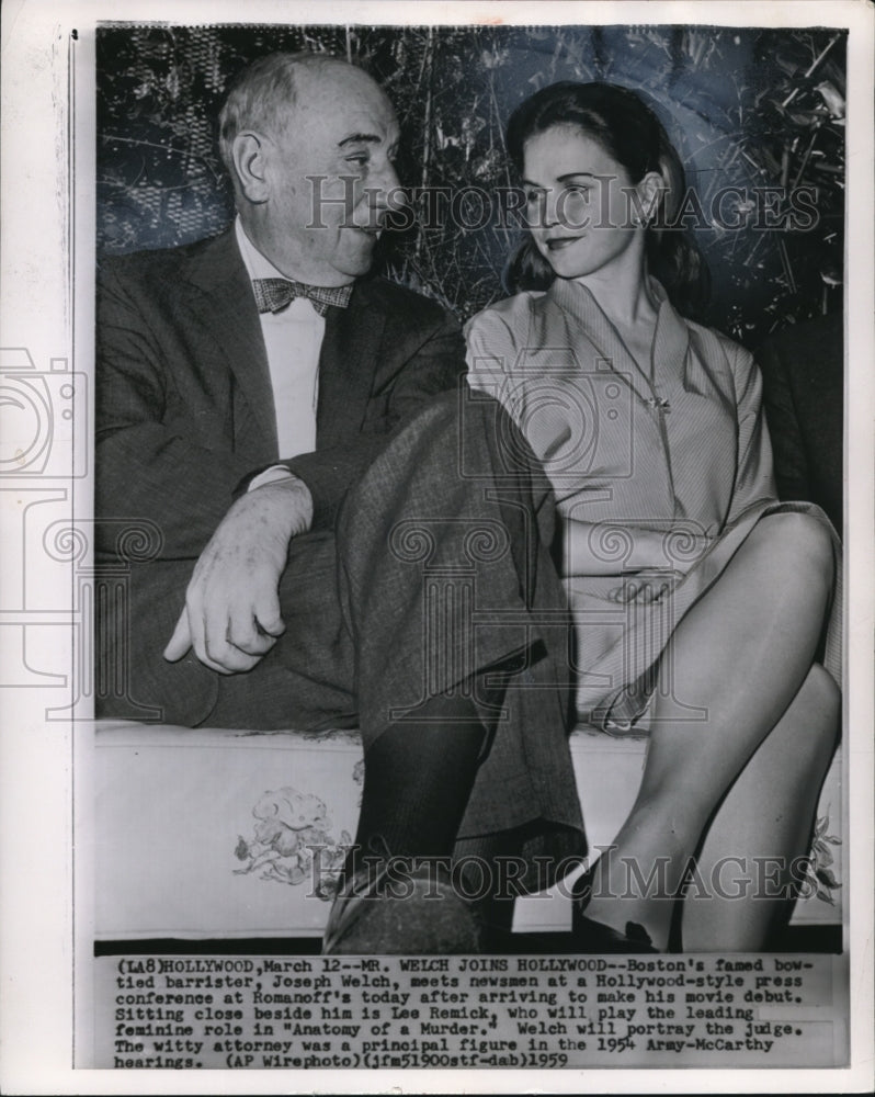 1959 Wire Photo Boston's bowtied barrister Joseph Welch & Lee Remick - cvw06698 - Historic Images