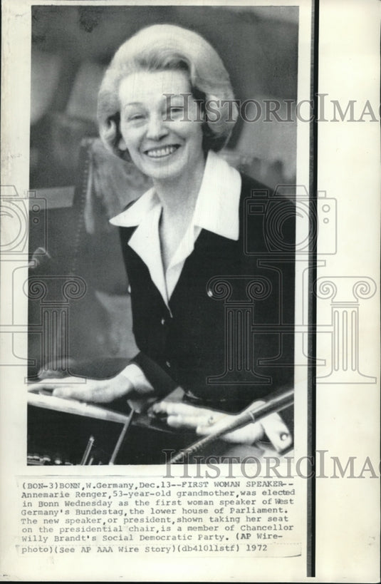 1972 Press Photo Annemarie Rengeer Elected in Bonn as the First Woman Speaker - Historic Images