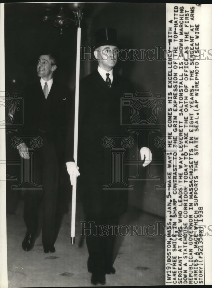 1938 Press Photo Leverette Saltonstall Shown Marching Down a Statehouse Corridor - Historic Images