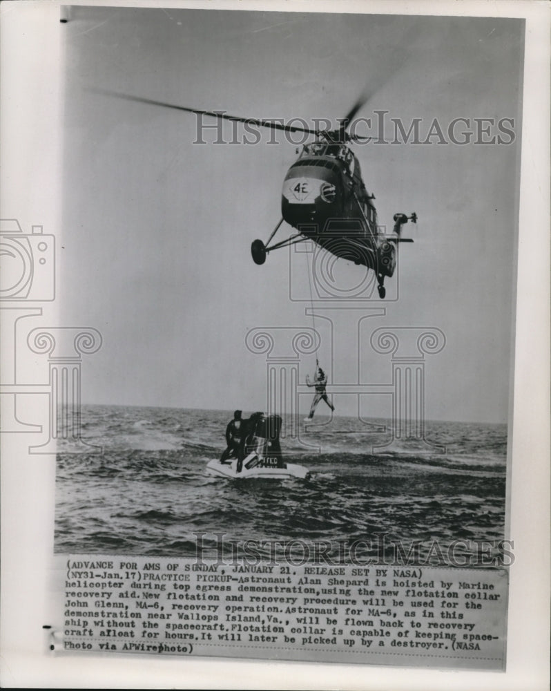 1962 Press Photo Astronaut Alan Shepard is hoisted by Marine helicopter - Historic Images