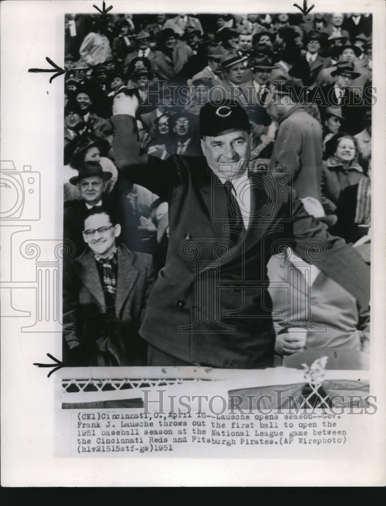 1951 Press Photo Governor Frank J. Lausche throws out the first ball to open the - Historic Images