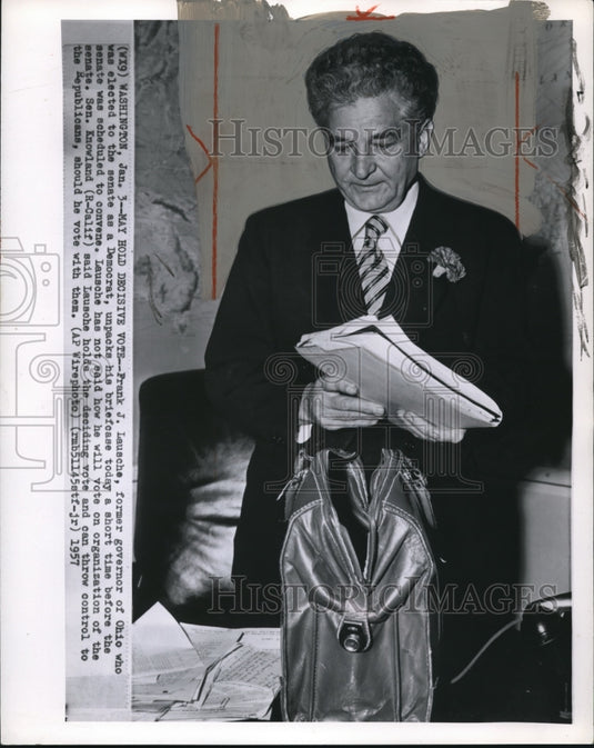 1957 Press Photo Frank J. Lausche, former governor of Ohio who was elected to - Historic Images