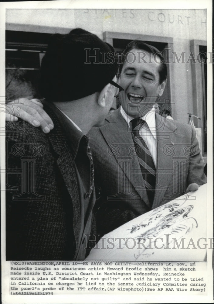 1974 Press Photo California Lt. Gov. Ed Reinecke laughs as courtroom artist - Historic Images