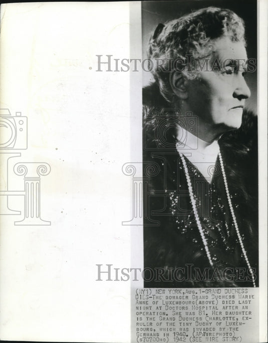 1942 Press Photo Dowager Grand Duchess Marie Anne of Luxembourg died - Historic Images