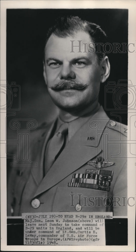 1948 Press Photo Maj Gen Leon Johnson to take command of B-29 units in England - Historic Images