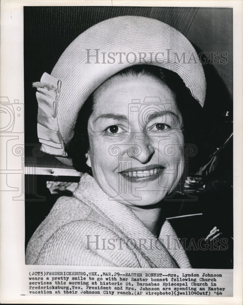 1964 Wire Photo Mrs Lyndon Johnson with her Easter bonnet after church services - Historic Images