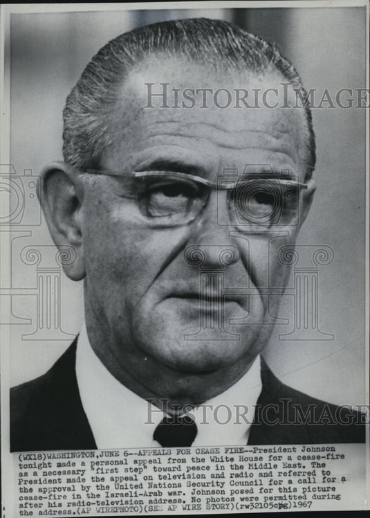 1967 Press Photo Pres Johnson appeals for cease fire in the Middle East - Historic Images