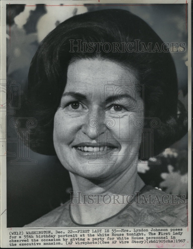 1967 Mrs Lyndon Johnson at 55th birthday portrait at White House - Historic Images