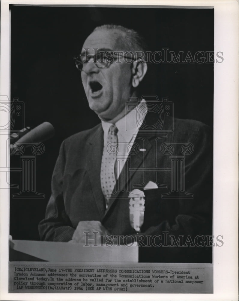 1964 Press Photo Pres. Lyndon Johnson at the Communication Workers&#39; Convention - Historic Images