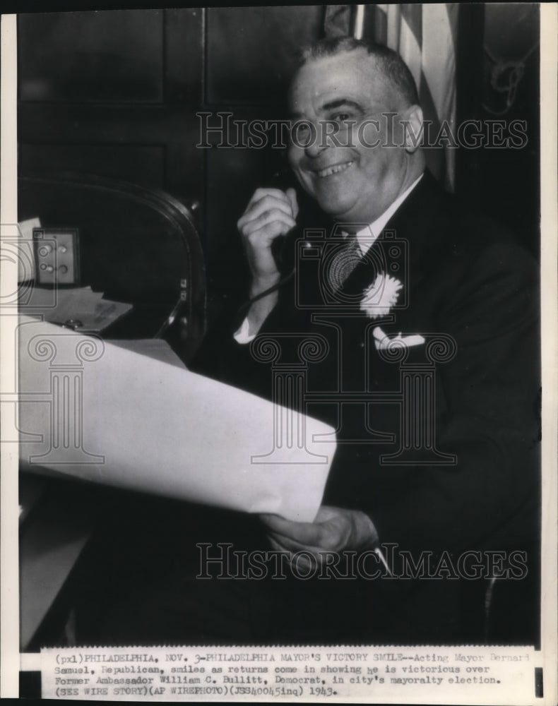 1943 Press Photo Philadelphia Republican Mayor Bernard Samuel - Historic Images