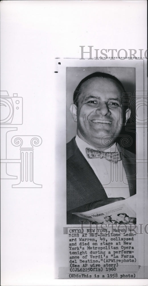 1958 Press Photo Baritone Leonard Warren, collapsed and died on stage - Historic Images