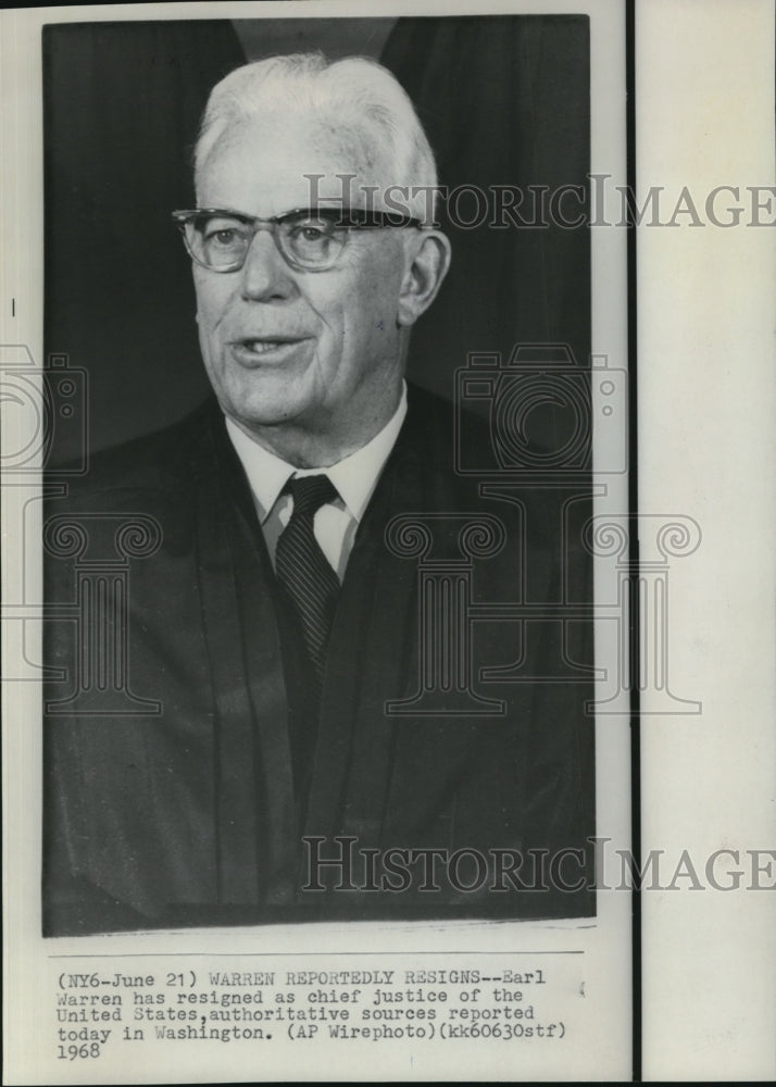 1968 Press Photo Earl Warren has resigned as chief justice of the United States - Historic Images