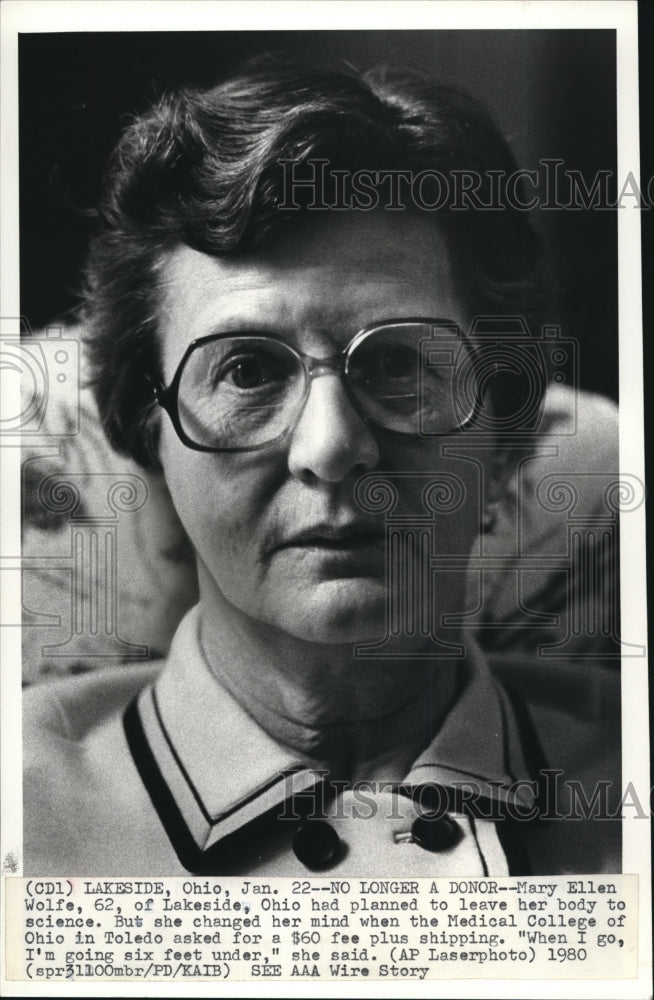 1980 Press Photo Mary Ellen Wolfe no longer donor to Science - Historic Images