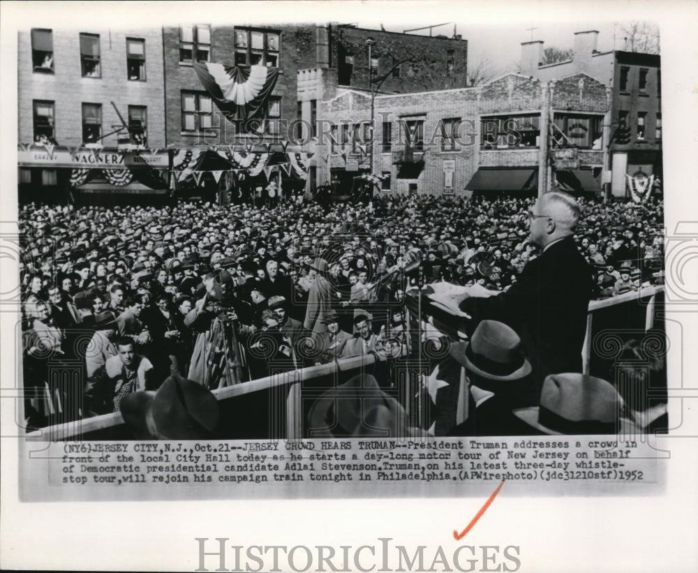 1952 President Truman addresses a crowd during Whistle-Stop campaign - Historic Images
