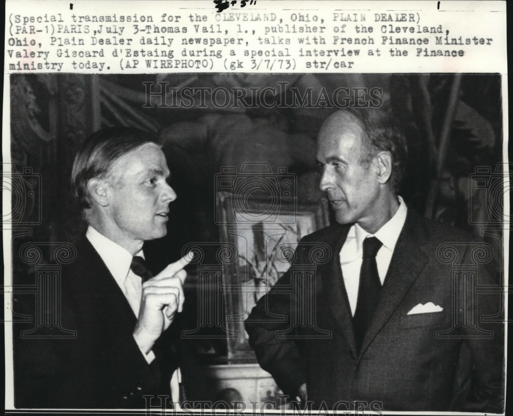 1973 Wire Photo Publisher Thomas Vail &amp; French Finance Minister Valery Giscard - Historic Images