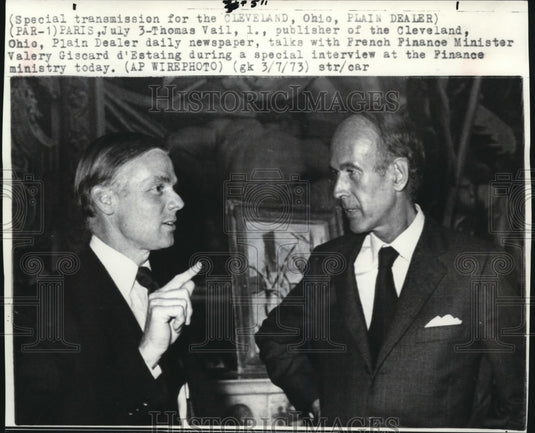 1973 Wire Photo Publisher Thomas Vail & French Finance Minister Valery Giscard - Historic Images