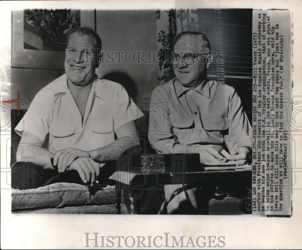 1953 Bill Veeck Confers with Pres.Don Stewart of L.A. Angels - Historic Images