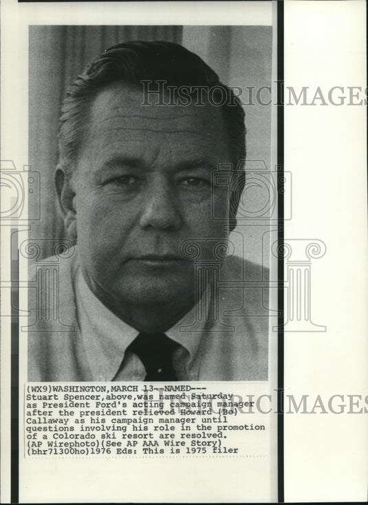 1976 Press Photo Stuart Spencer, Pres. Ford's acting campaign manager - Historic Images