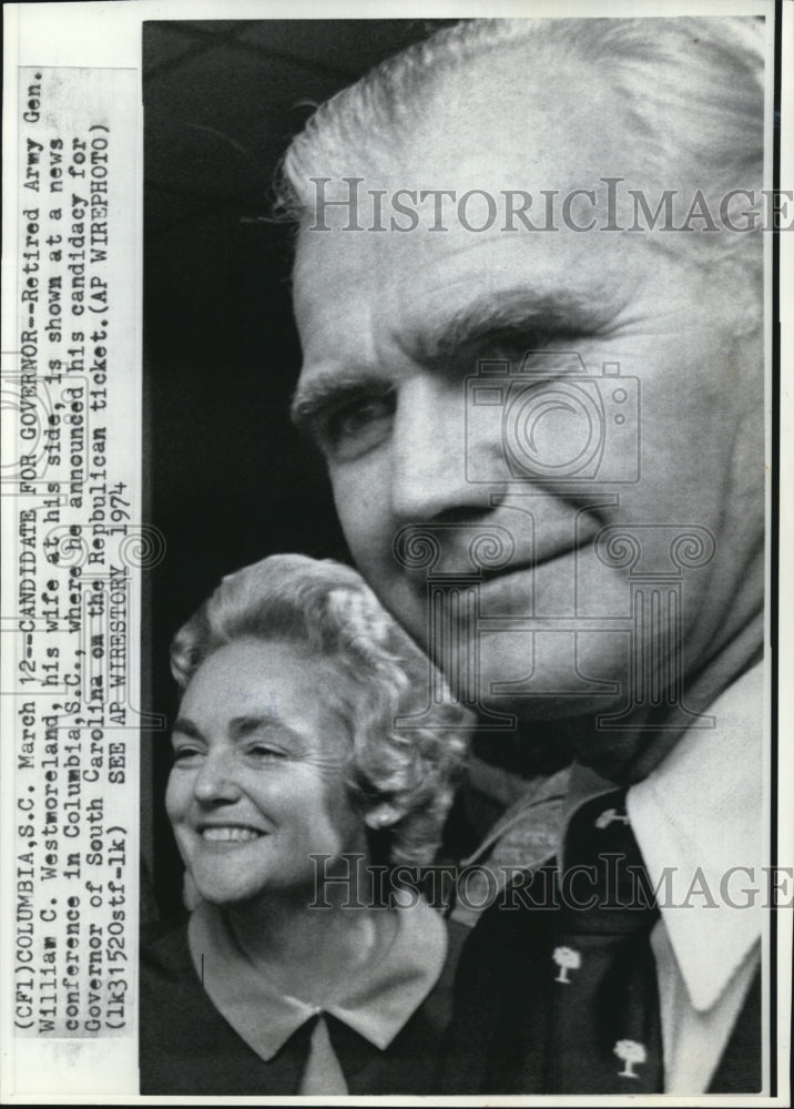 1974 Press Photo  Retired Army Gen. William Westmoreland and wife Kitsy - Historic Images