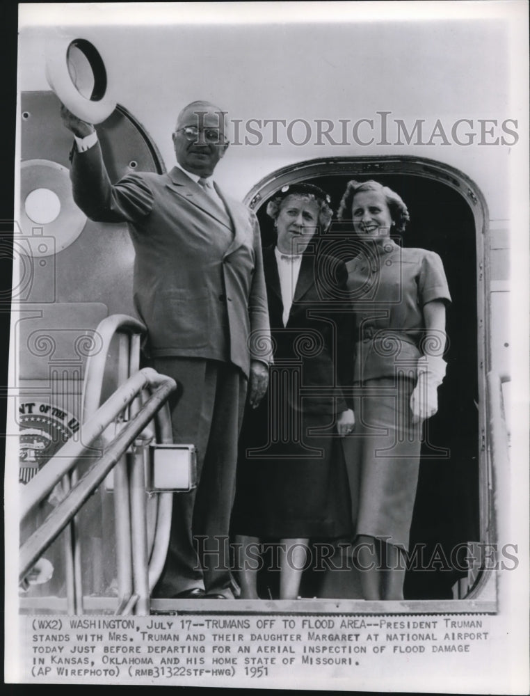 1951 President Truman with wife and daughter at National Airport - Historic Images