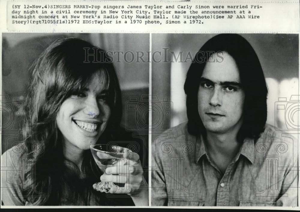 1972 Press Photo Pop singers James Taylor & Carly Simon at Radio City Music Hall - Historic Images