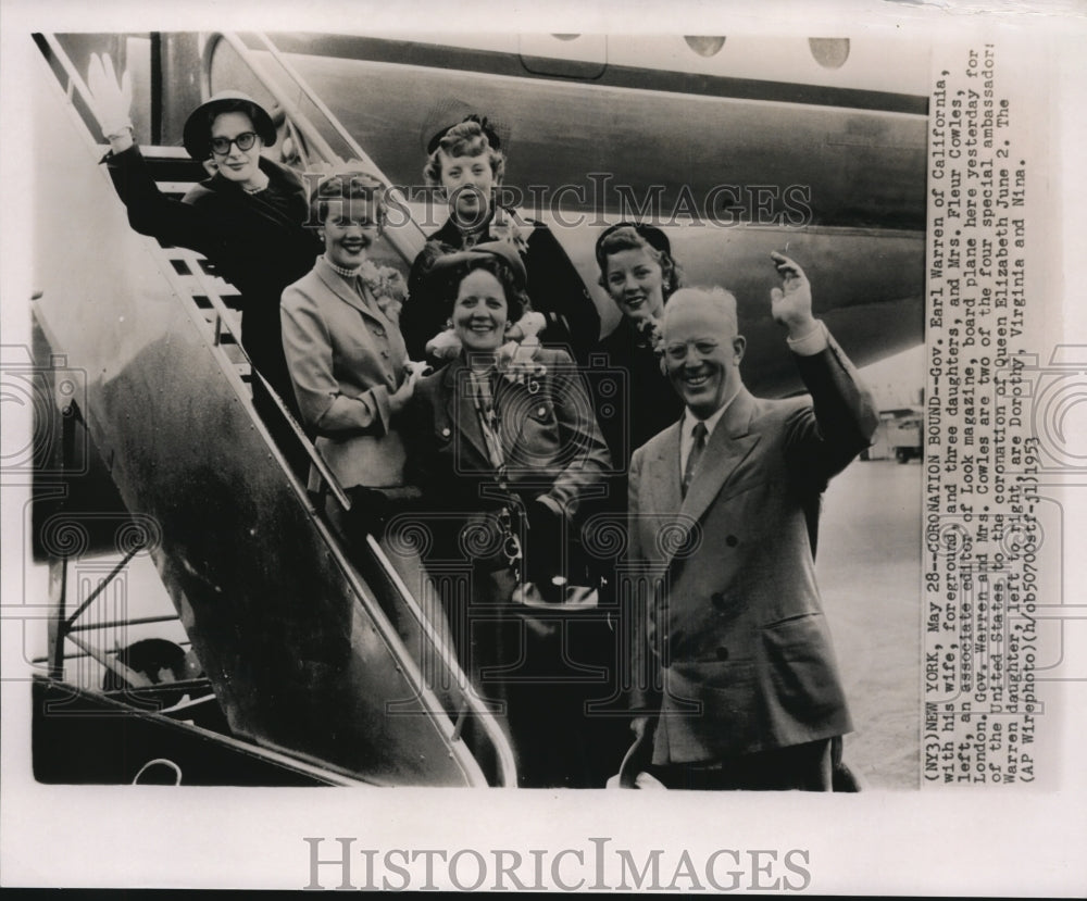 1953 Press Photo Gov.Warren with family&amp;Mrs.Cowles going London for coronation - Historic Images