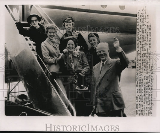 1953 Press Photo Gov.Warren with family&Mrs.Cowles going London for coronation - Historic Images